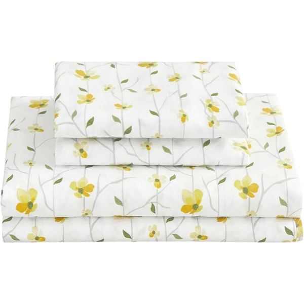 Yellow Floral Printed Bed Sheet Set – 4 Piece Soft Microfiber with 15" Deep Pocket & Corner Straps - Image 1